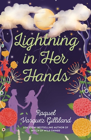 Cover of Lightning in Her Hands, featuring the silhouette of a man and woman reaching for lighting surrounded by foliage