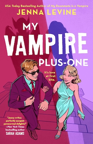 Cover of My Vampire Plus-One, featuring a woman holding the hand of a man with shadows of the woman and a vampire behind them