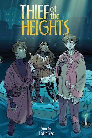 Cover of Thief of the Heights, featuring three young people of color standing in shallow water looking up