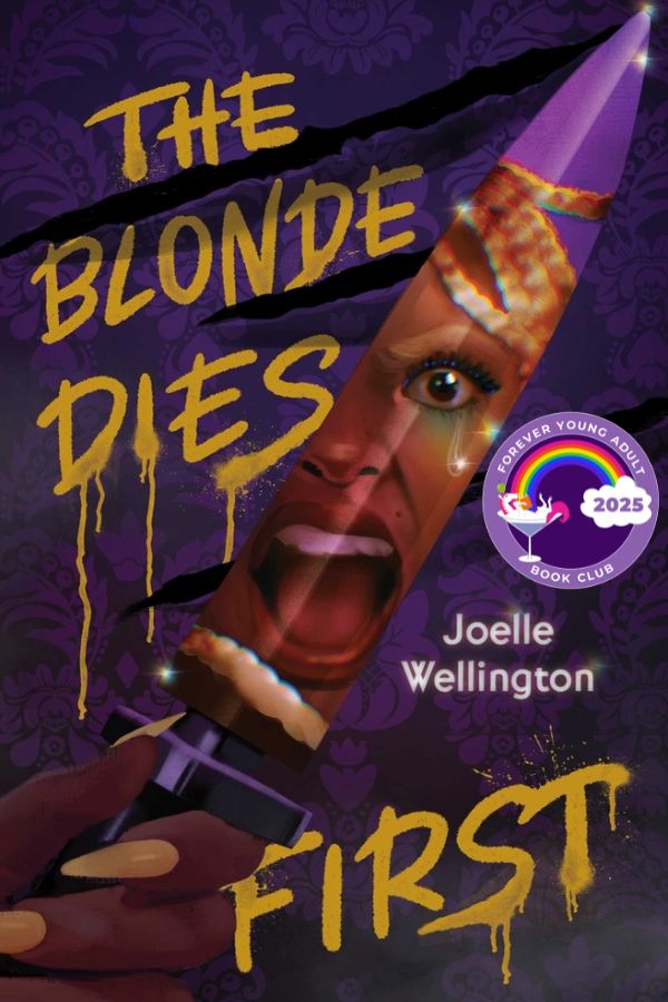 A purple background with claw marks, and a hand holding a knife with a reflection of a Black woman with blonde hair screaming.