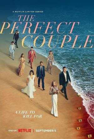 Poster for The Perfect Couple, with a group of dressed up people walking down a beach