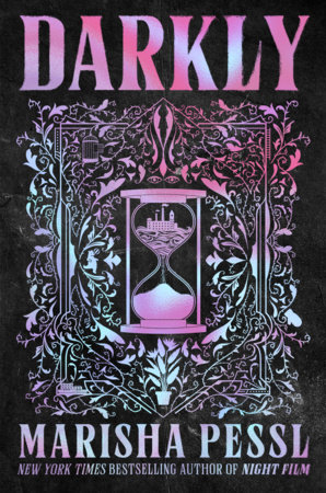 Cover of Darkly, with a purple hourglass in the middle (an island sitting inside the top of the hourglass) with purple and blue plant-style filigree around it