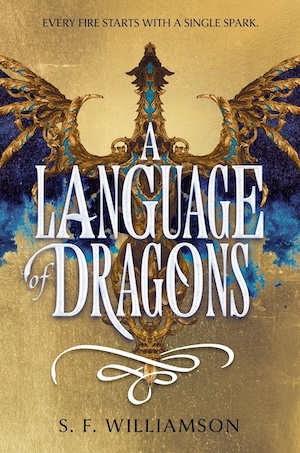 Cover of A Language of Dragons, featuring an ornate golden dragon figure rising through a blurry sky.