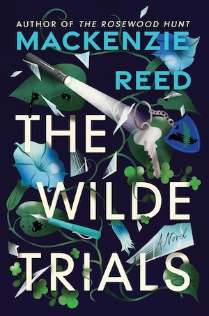 Cover of The Wilde Trials, featuring objects including a lit flashlight, a silver key, and four-leaf clovers on a dark blue background.