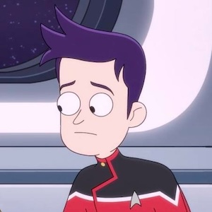 A white cartoon male with purple hair with a distraught look on his face.