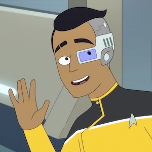 A cartoon black male wearing a metal device on his eye waves toward the camera. 