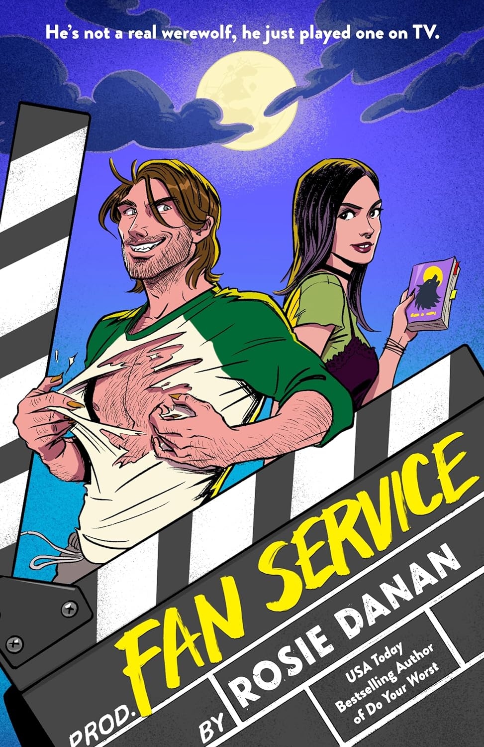 An illustrated cover of a grinning an with shaggy brown hair ripping his shit open with his nails. Over his shoulder is a younger woman with dark hair holding a book.