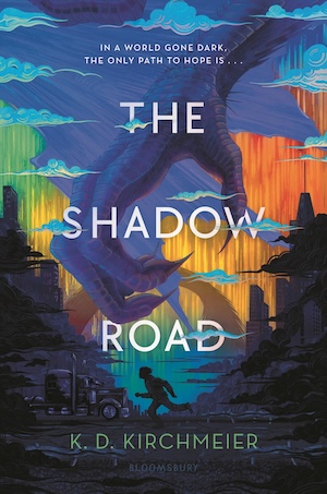 Cover of The Shadow Road, featuring the shadowed figure of a young man running from a giant blue dragon talon.