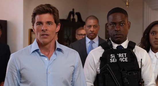 James Marsden as Cal Bradford in a blue shirt stands next to Sterling K. Brown holding a gun and wearing a bulletproof vest.