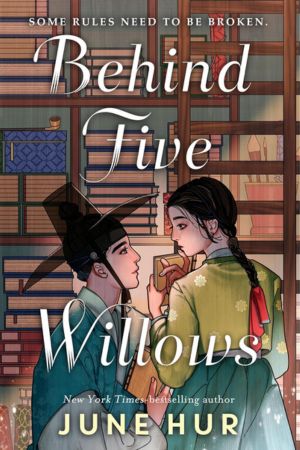 A girl and boy in traditional 1700s Joseon garb stand close to each other next to a bookshelf.