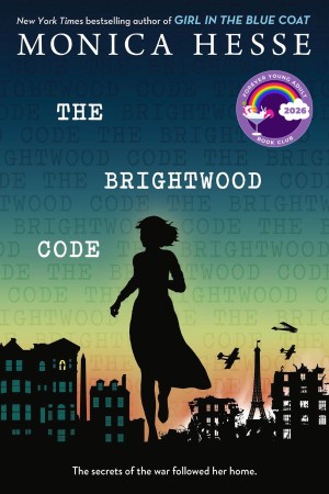Cover of The Brightwood Code, featuring the black silhouette of a girl running with a city at sunset behind her