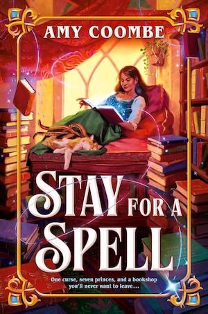 Cover of Stay for a Spell, featuring a white woman with brown hair relaxing on a tall pile of cushions surrounded by hardback books.