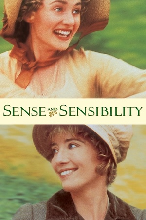 Cover of Sense and Sensibility, featuring a laughing white woman with red hair (Kate Winslet) and an older smiling white woman with brown hair (Emma Thompson), both wearing period clothing.