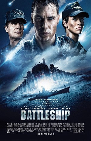 Poster for Battleship, featuring the faces of Liam Neeson, Taylor Kitsch and Rihanna above a scene of a battleship with an alien ship above it