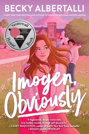 Cover of Imogen Obviously, featuring a young white woman with brown hair wearing a pink dress and standing in front of an old college-looking building.